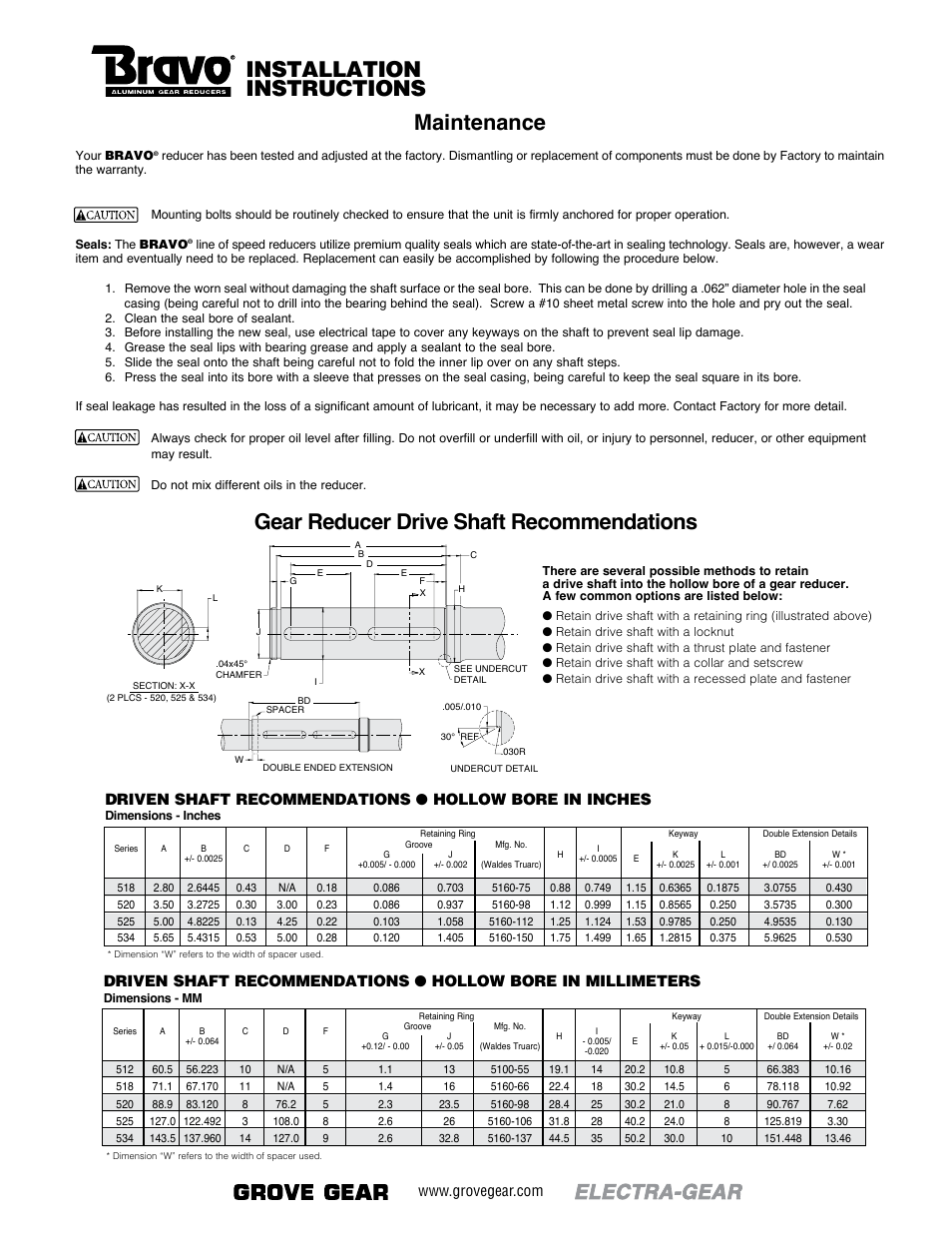 Maintenance, Installation instructions, Gear reducer drive shaft recommendations | Grove Gear Bravo Aluminum User Manual | Page 5 / 6