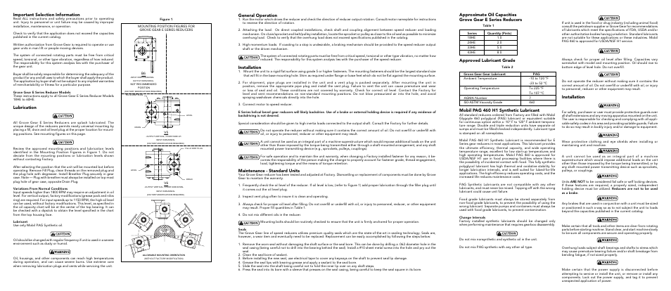 Important selection information, Lubrication, Maintenance - standard units | General operation, Installation, Approved lubricant grade, Mobil pag 460 h1 synthetic lubricant | Grove Gear E Series Right Angle User Manual | Page 2 / 6