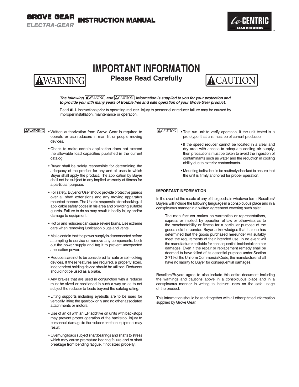 Important information, Please read carefully, Instruction manual | Grove Gear Helical-Inline Aluminum (P Series) User Manual | Page 2 / 6