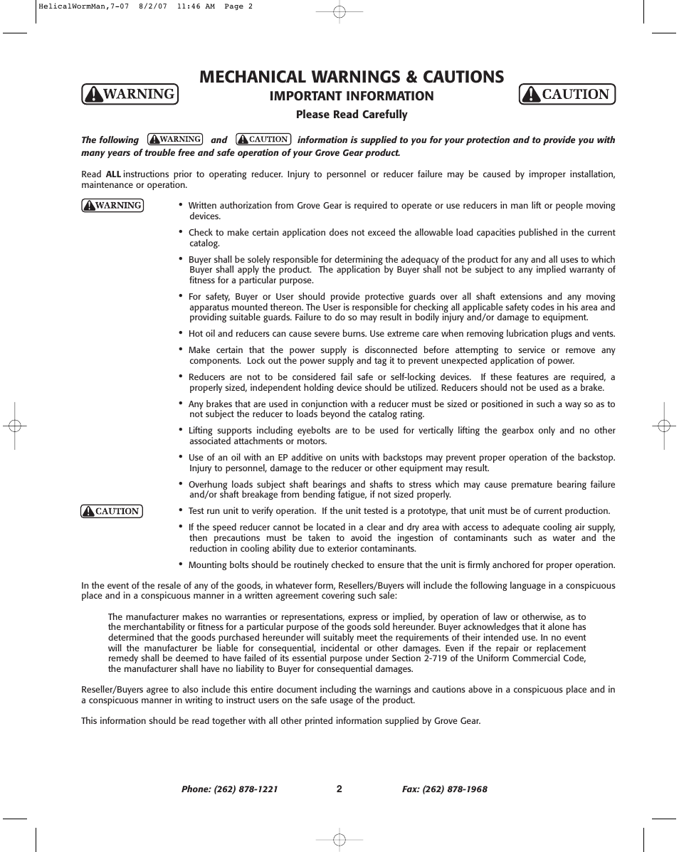 Mechanical warnings & cautions, Important information | Grove Gear Helical-Worm Cast Iron (S Series) User Manual | Page 2 / 8