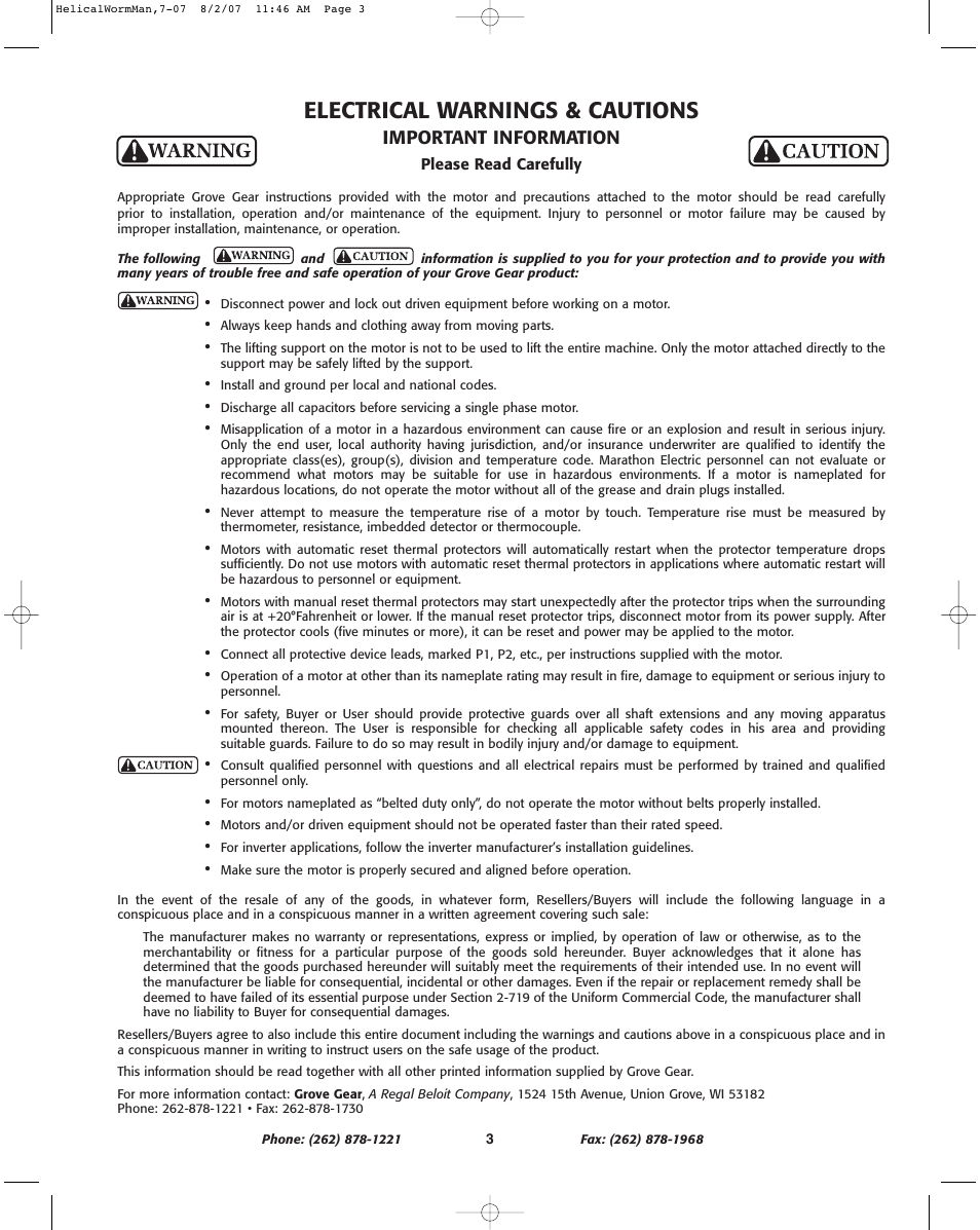 Electrical warnings & cautions, Important information | Grove Gear Helical-Worm Cast Iron (S Series) User Manual | Page 3 / 8