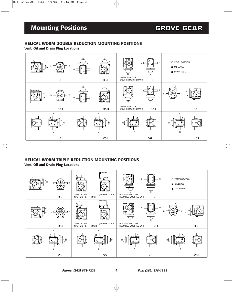 Mounting positions, Helical worm double reduction mounting positions, Helical worm triple reduction mounting positions | Vent, oil and drain plug locations | Grove Gear Helical-Worm Cast Iron (S Series) User Manual | Page 4 / 8