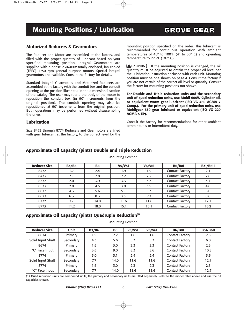 Mounting positions / lubrication | Grove Gear Helical-Worm Cast Iron (S Series) User Manual | Page 5 / 8