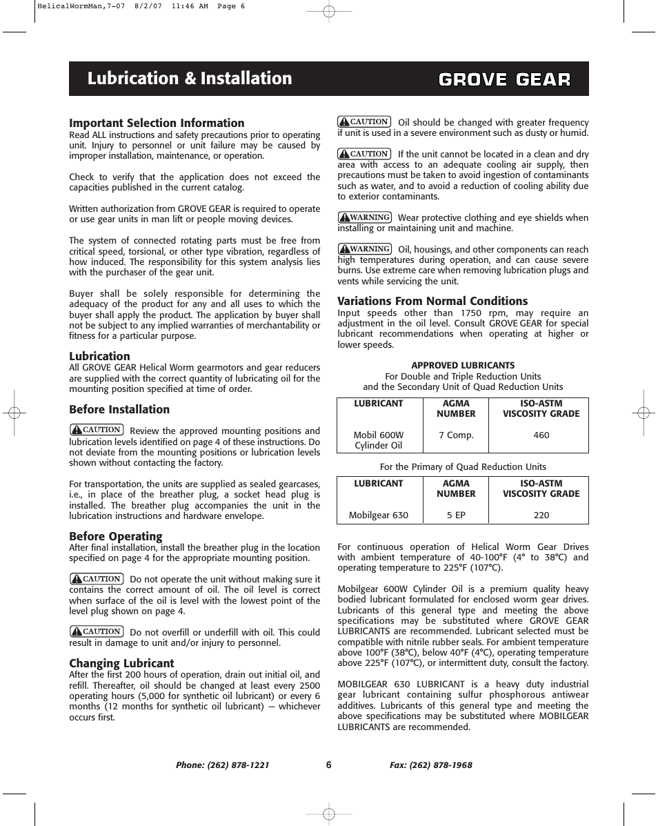 Lubrication & installation | Grove Gear Helical-Worm Cast Iron (S Series) User Manual | Page 6 / 8