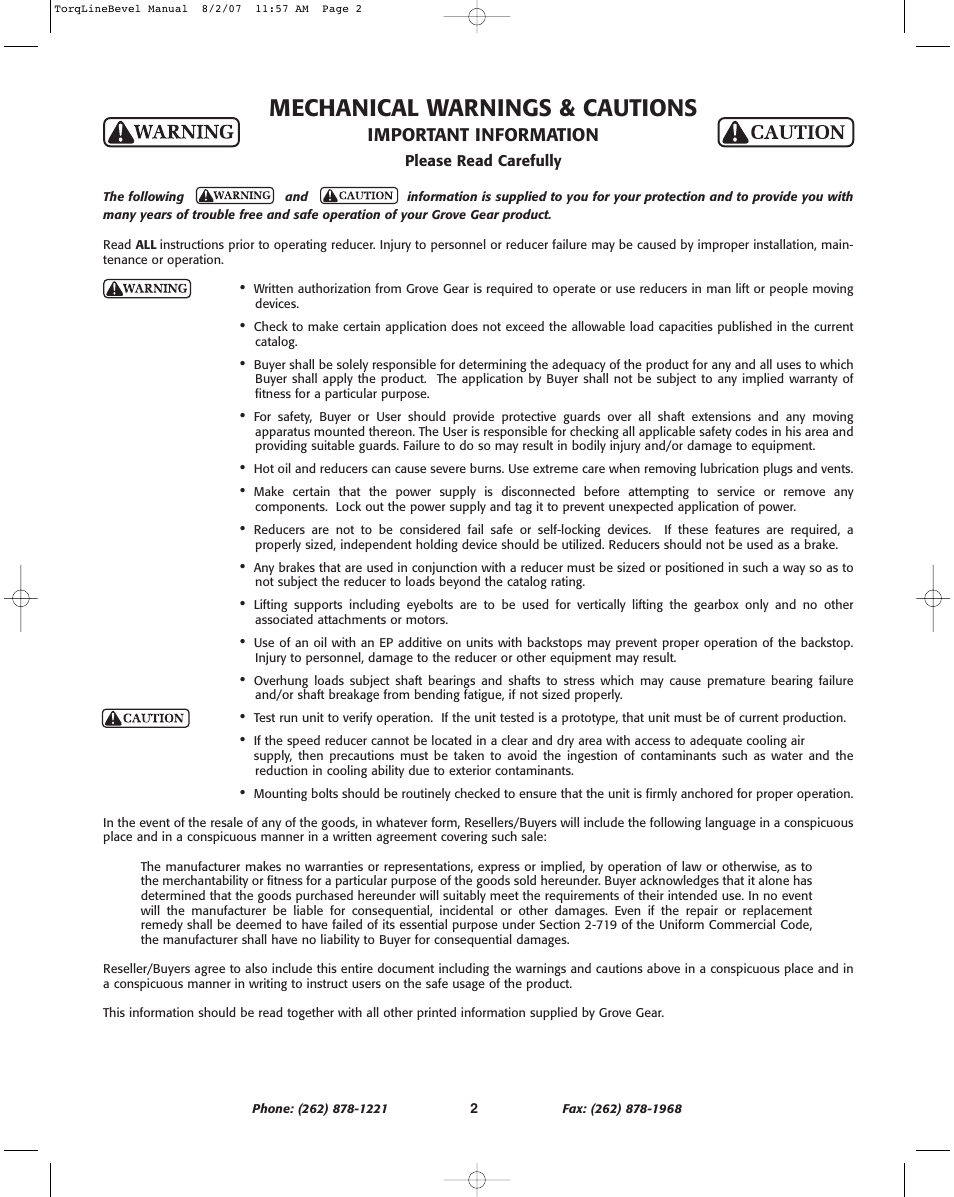 Mechanical warnings & cautions, Important information | Grove Gear Helical-Bevel Cast Iron (K Series) User Manual | Page 2 / 8