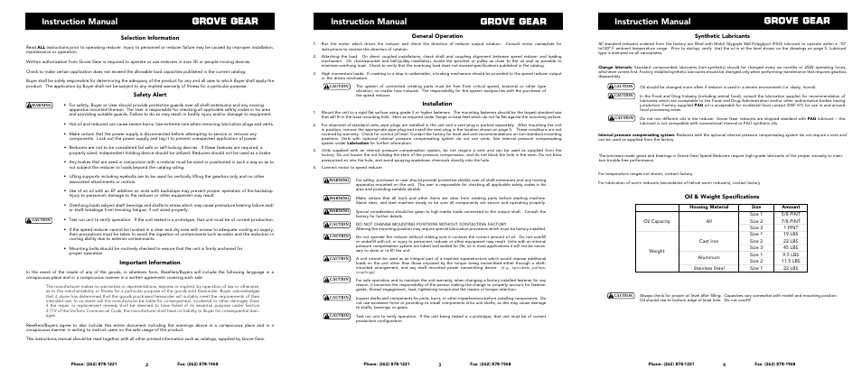 Instruction manual, Selection information, Safety alert | Important information, General operation, Installation, Synthetic lubricants, Oil & weight specifications | Grove Gear Stainless Steel User Manual | Page 2 / 6