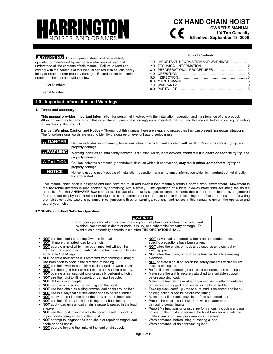 Harrington Hoists and Cranes CX Hand Chain Hoist User Manual | 6 pages