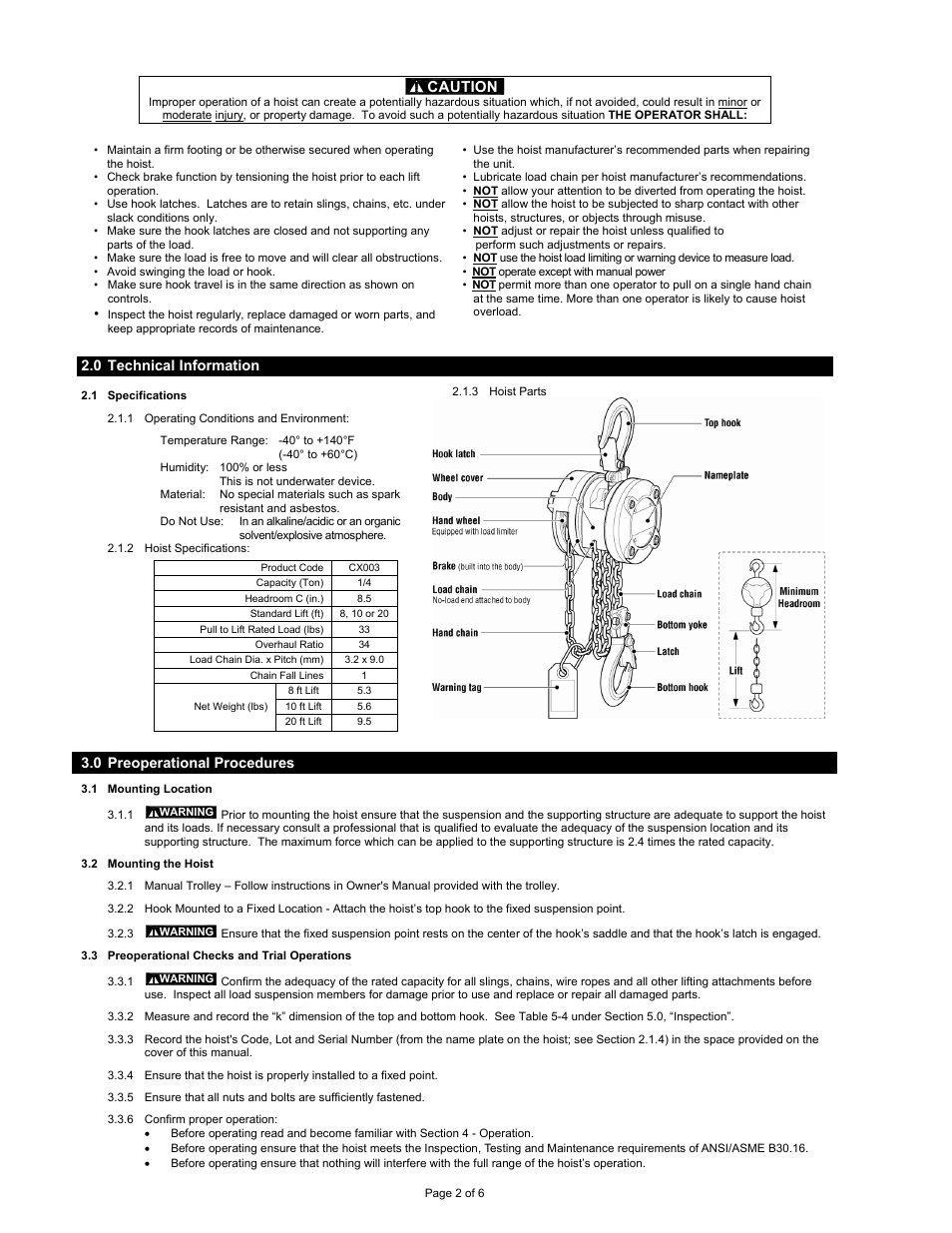 Caution | Harrington Hoists and Cranes CX Hand Chain Hoist User Manual | Page 2 / 6