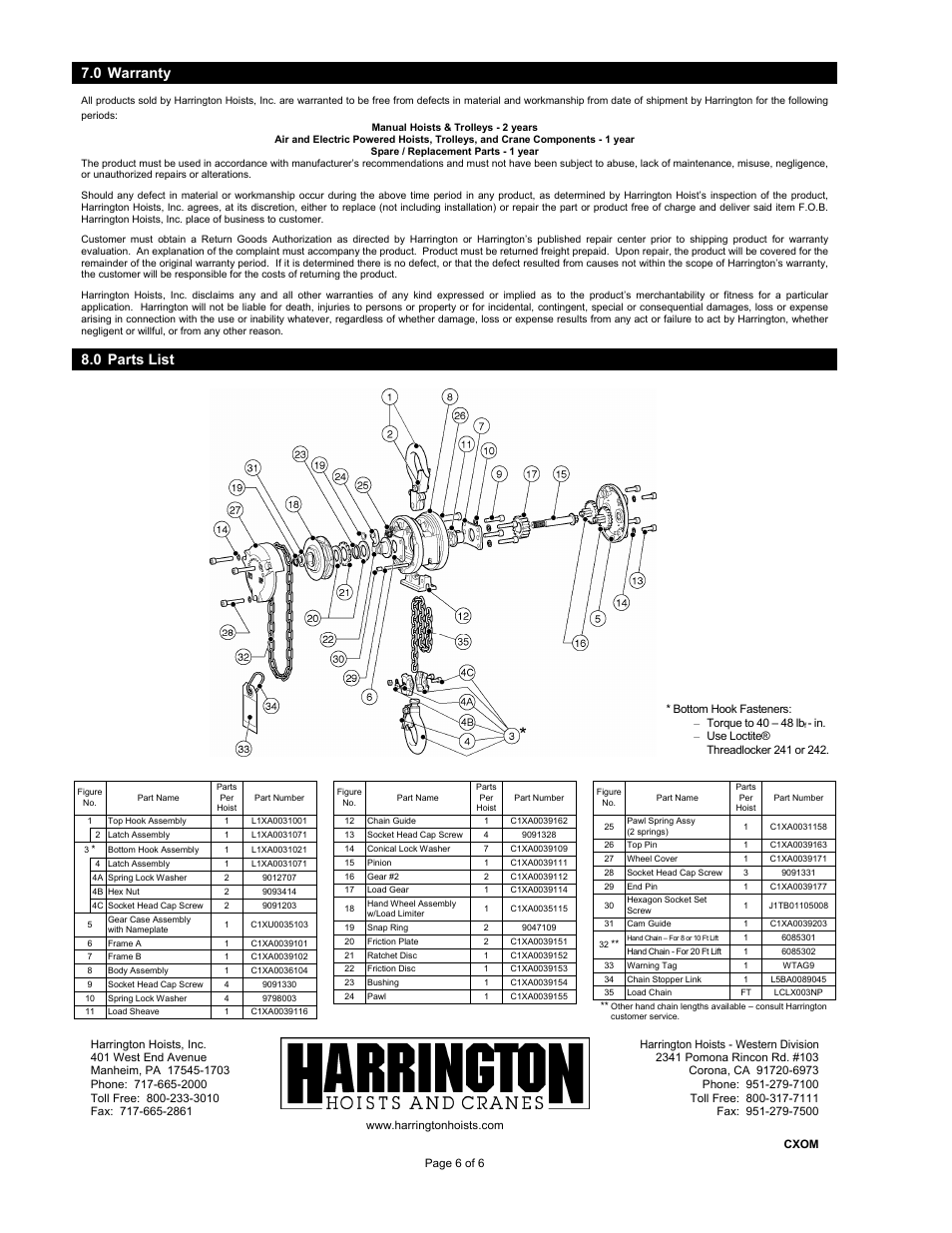 0 warranty, 0 parts list | Harrington Hoists and Cranes CX Hand Chain Hoist User Manual | Page 6 / 6