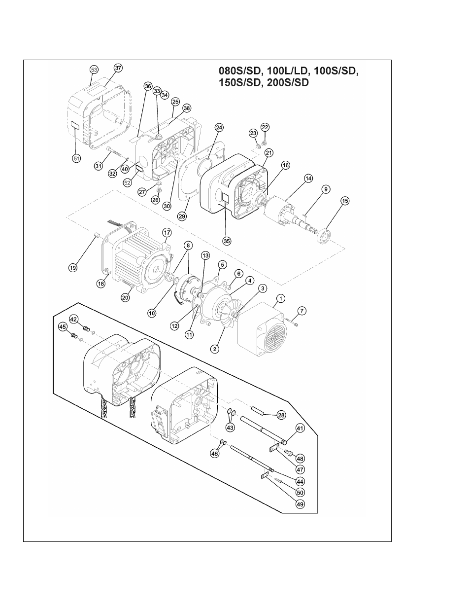 1 housing and motor parts | Harrington Hoists and Cranes (N)ER Large Cap Hoist - ((N)ER2 User Manual | Page 24 / 60