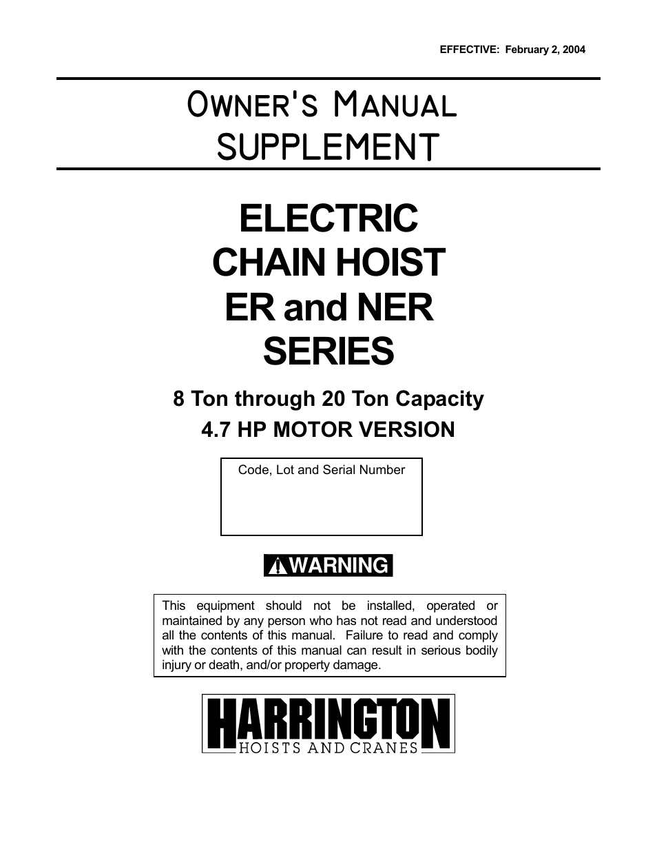 Harrington Hoists and Cranes ER Large Capaciy Hoist - (ER1) User Manual | 54 pages