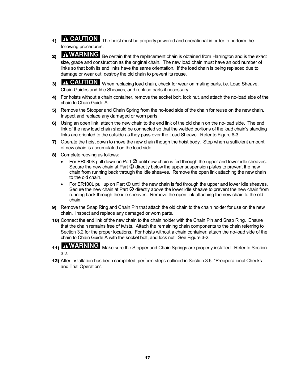 Caution, Warning | Harrington Hoists and Cranes ER Large Capaciy Hoist - (ER1) User Manual | Page 17 / 54