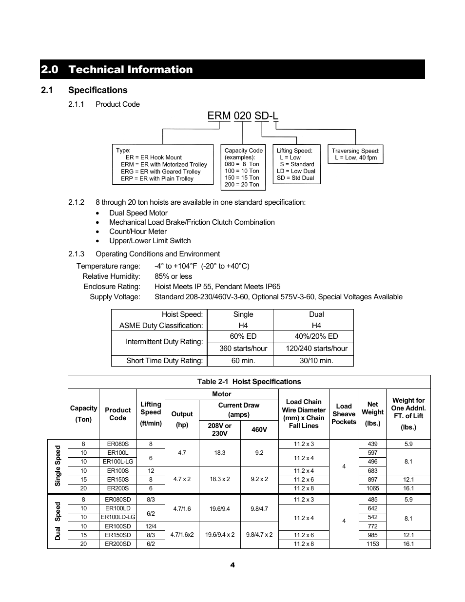 0 technical information, 1 specifications | Harrington Hoists and Cranes ER Large Capaciy Hoist - (ER1) User Manual | Page 4 / 54