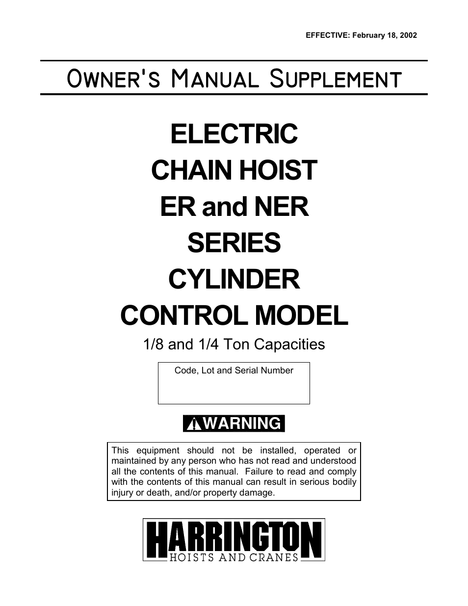 Harrington Hoists and Cranes (N)ERCC Hoist - ((N)ER1) User Manual | 12 pages