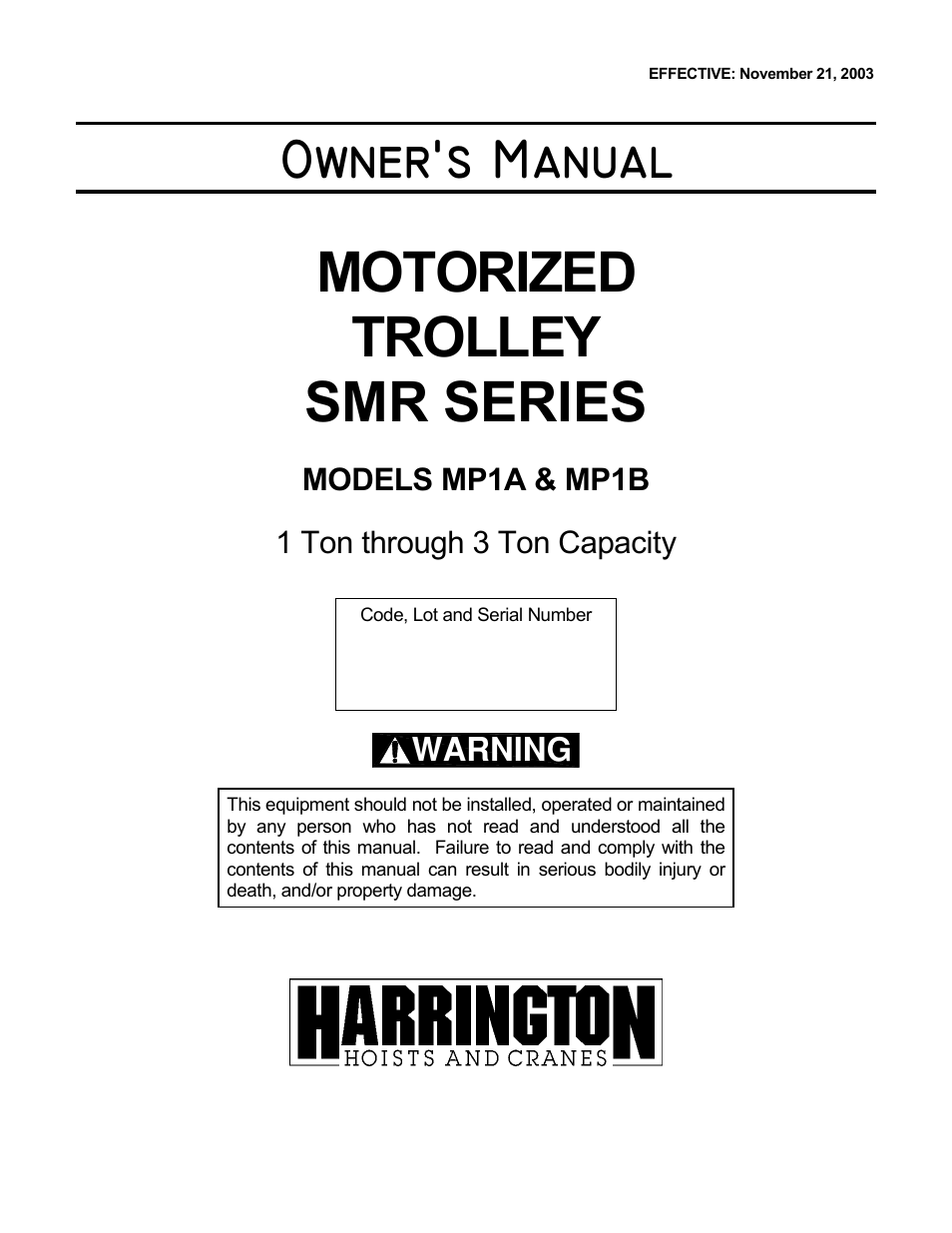 Harrington Hoists and Cranes SMR Trolley User Manual | 48 pages