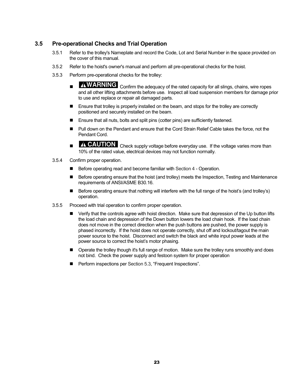 Warning, Caution | Harrington Hoists and Cranes SMR Trolley User Manual | Page 23 / 48