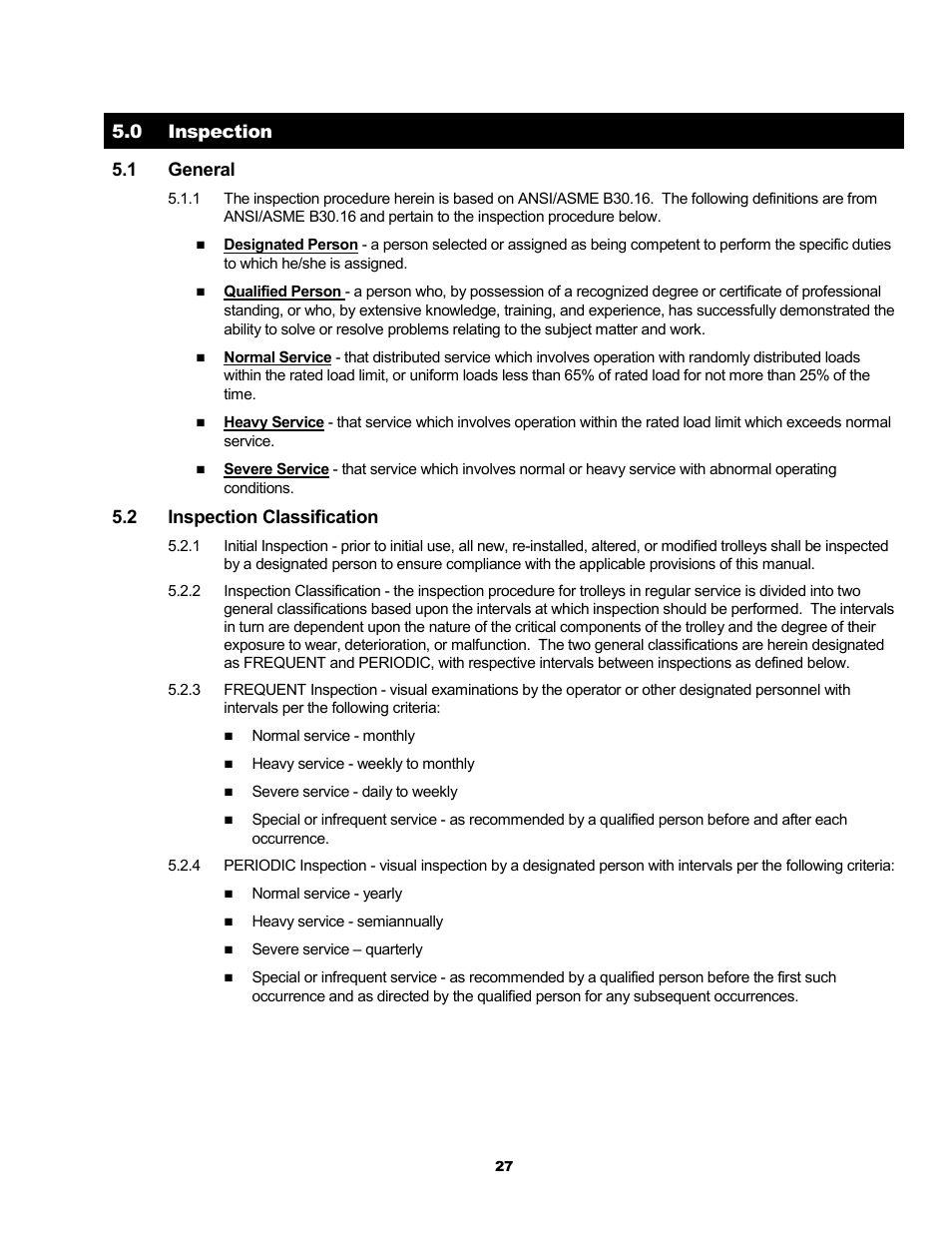 0 inspection 5.1 general, 2 inspection classification | Harrington Hoists and Cranes SMR Trolley User Manual | Page 27 / 48