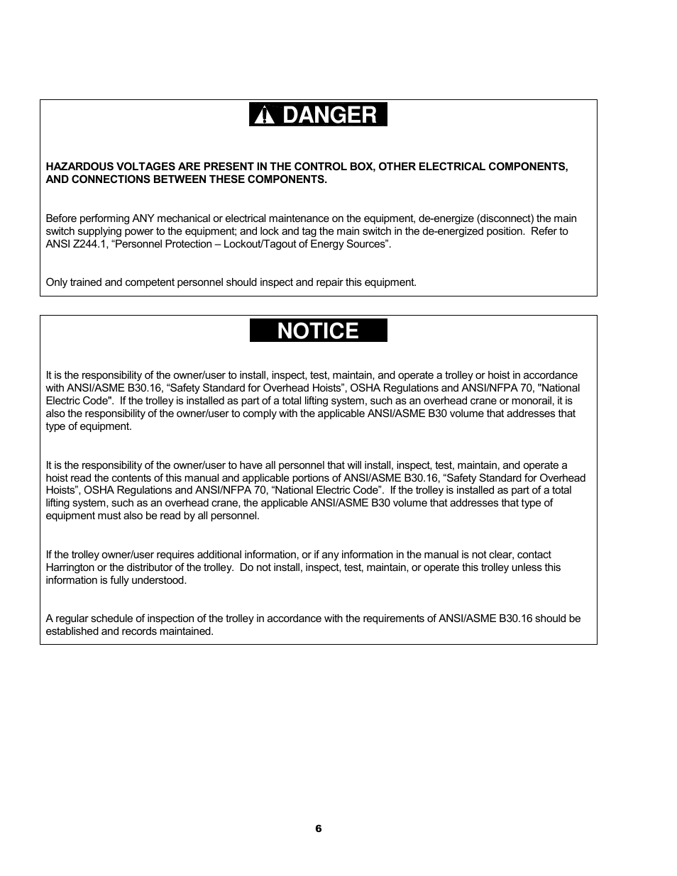 Danger, Notice | Harrington Hoists and Cranes SMR Trolley User Manual | Page 6 / 48
