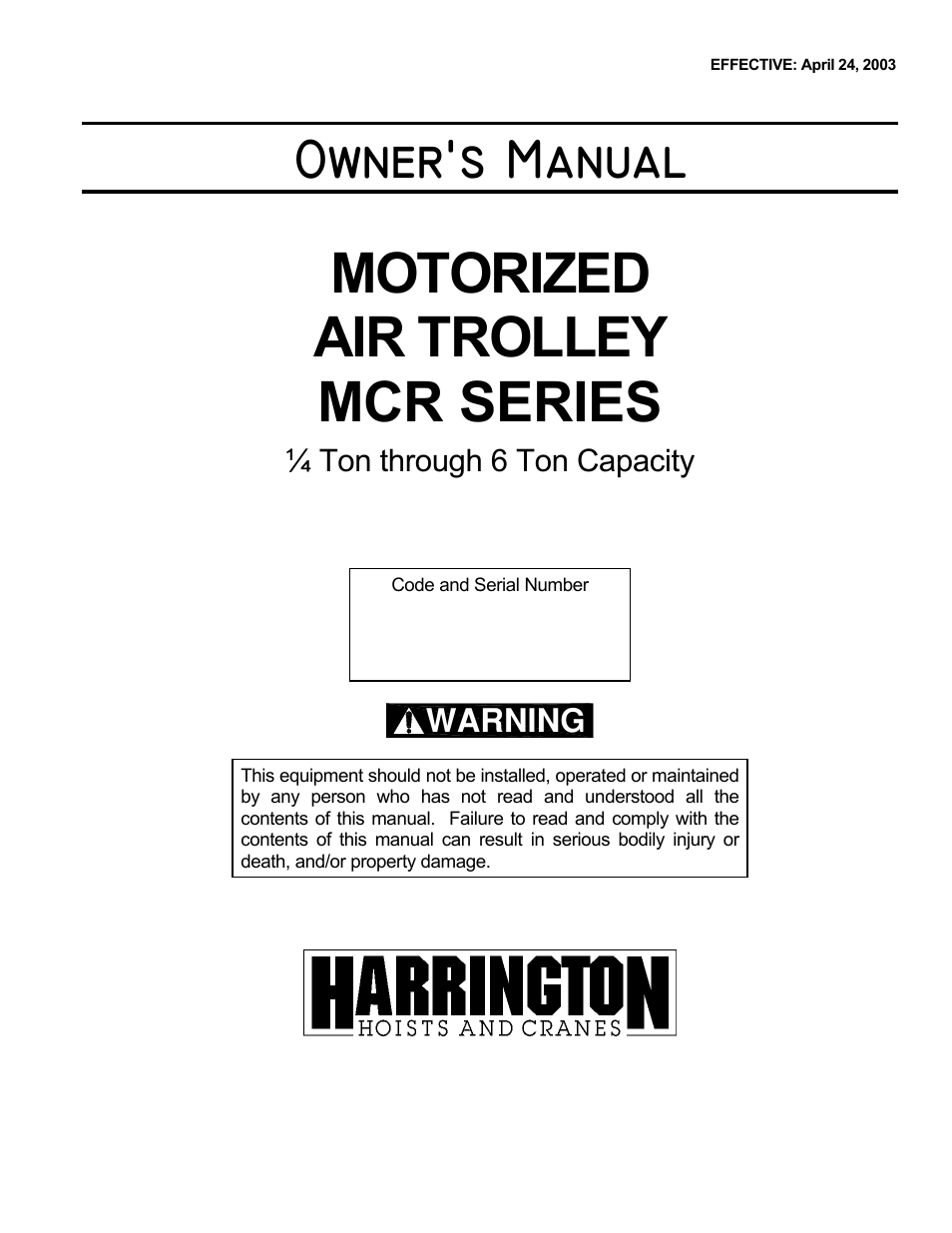 Harrington Hoists and Cranes MCR Trolley User Manual | 52 pages