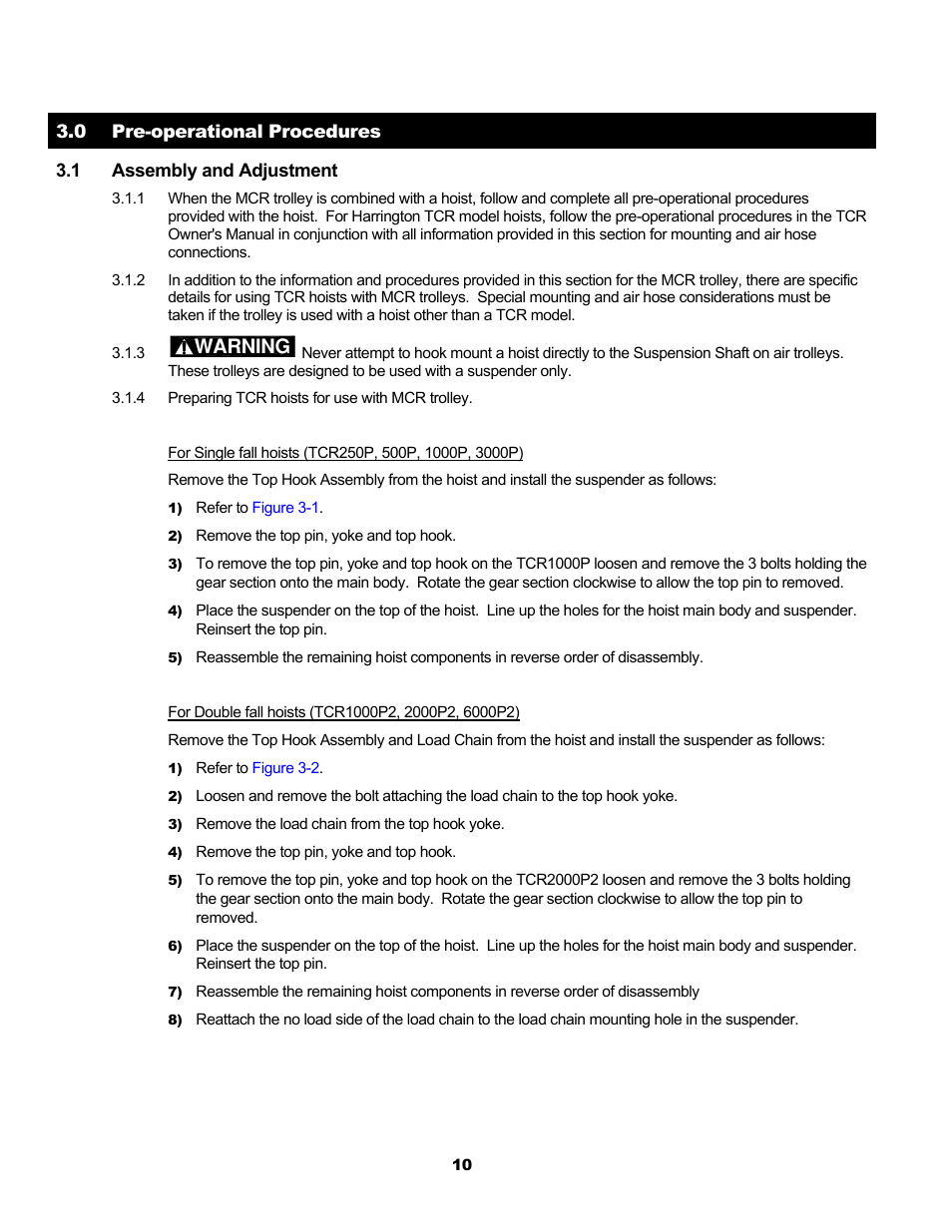 Warning | Harrington Hoists and Cranes MCR Trolley User Manual | Page 10 / 52