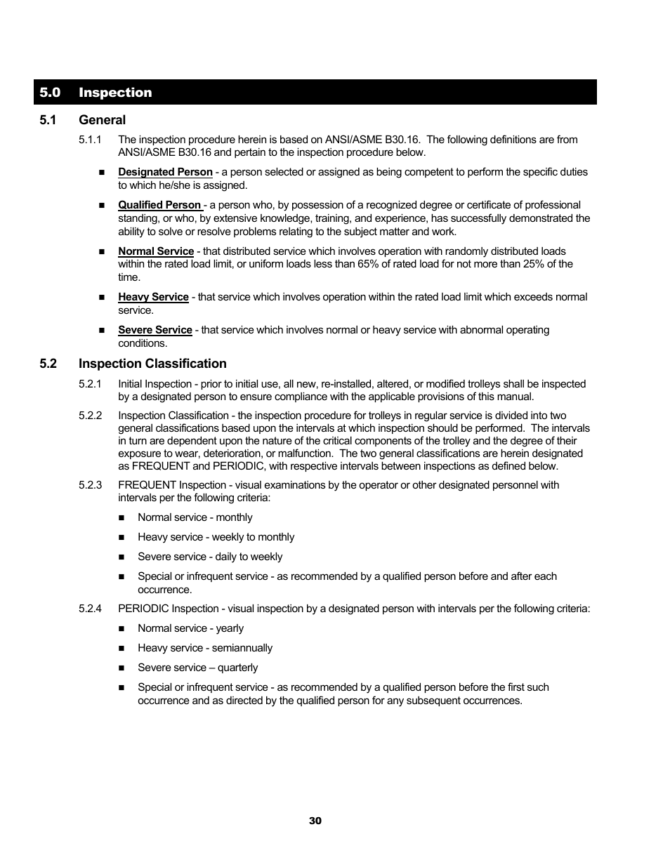 0 inspection 5.1 general, 2 inspection classification | Harrington Hoists and Cranes MCR Trolley User Manual | Page 30 / 52