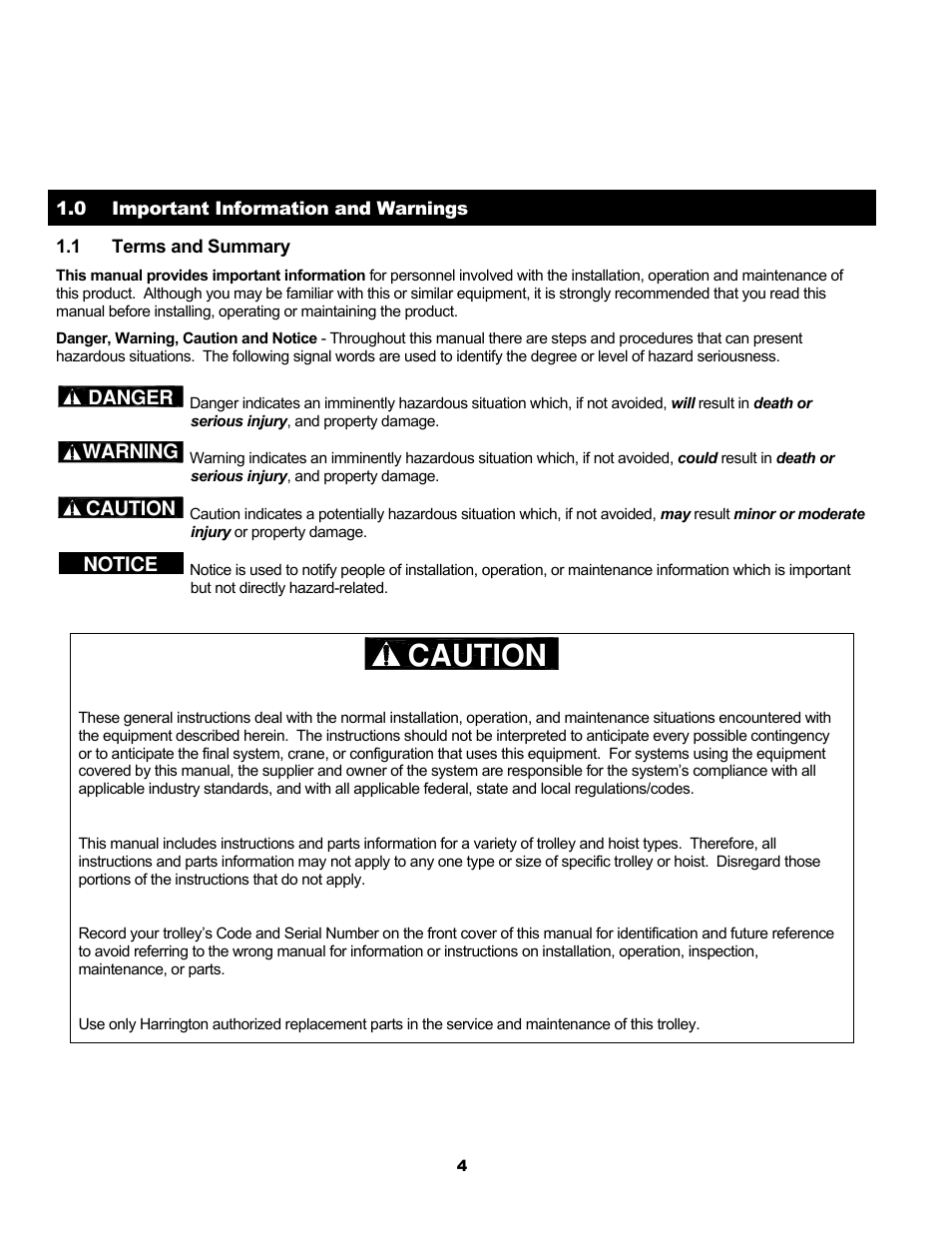 Caution | Harrington Hoists and Cranes MCR Trolley User Manual | Page 4 / 52