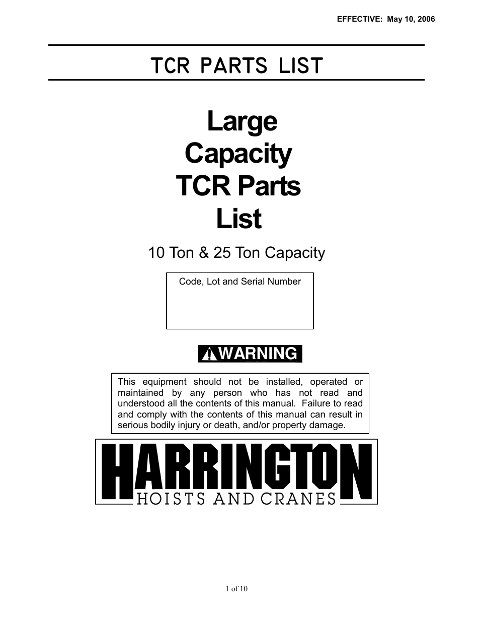 Tcr parts list large capacity tcr parts list, Warning, 10 ton & 25 ton capacity | Harrington Hoists and Cranes TCR Large Cap - (10-25 Ton) User Manual | Page 45 / 54