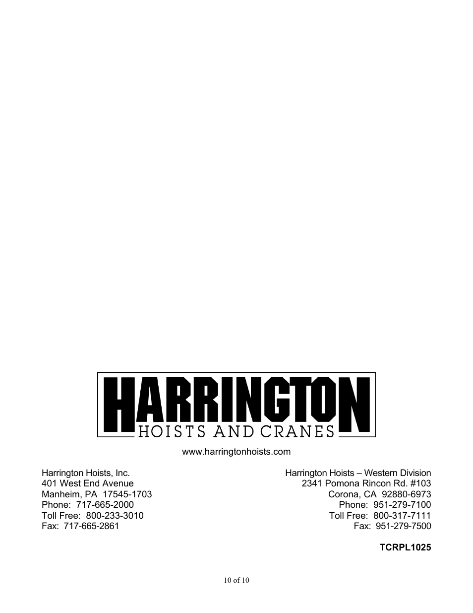 Harrington Hoists and Cranes TCR Large Cap - (10-25 Ton) User Manual | Page 54 / 54