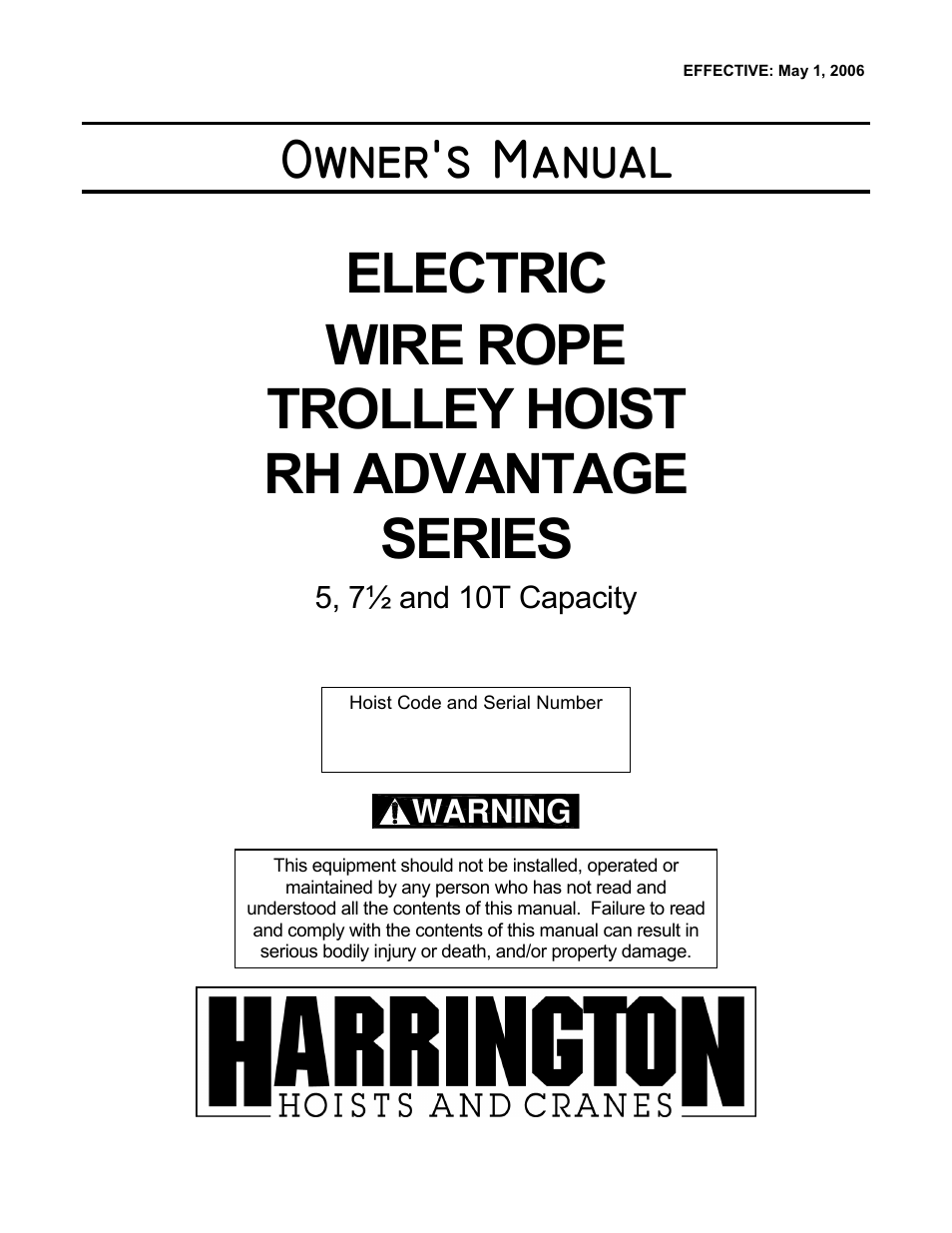 Harrington Hoists and Cranes RH - Advantage Wire Rope Hoist User Manual | 64 pages
