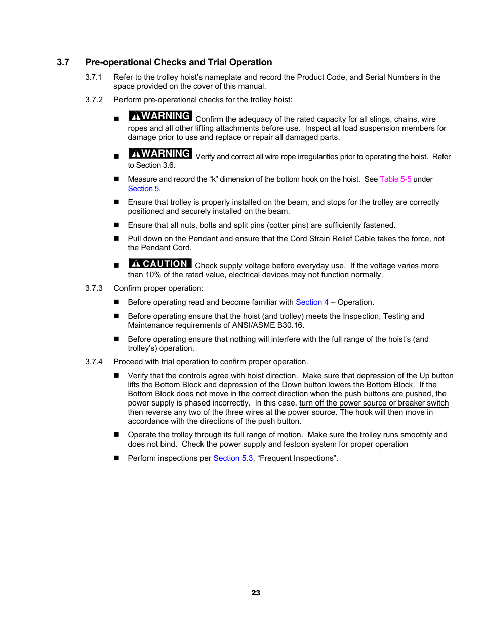 Warning | Harrington Hoists and Cranes RH - Advantage Wire Rope Hoist User Manual | Page 23 / 64