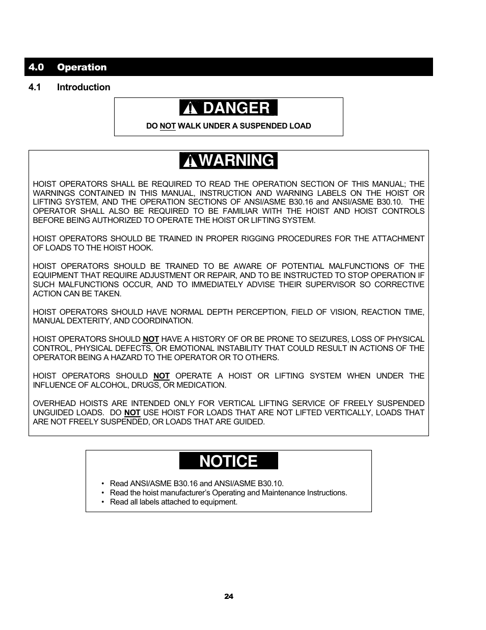 Warning, Notice, Danger | Harrington Hoists and Cranes RH - Advantage Wire Rope Hoist User Manual | Page 24 / 64