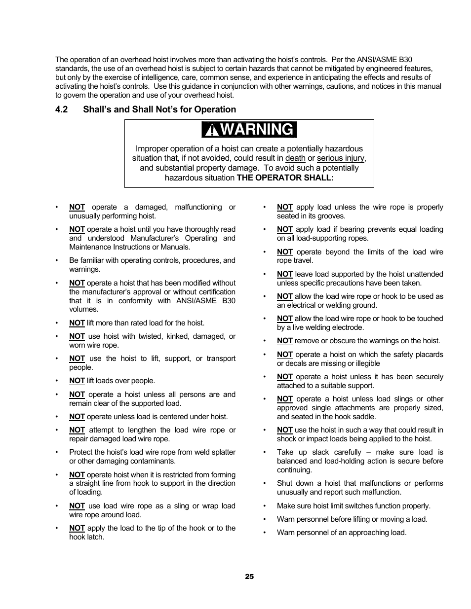 Warning | Harrington Hoists and Cranes RH - Advantage Wire Rope Hoist User Manual | Page 25 / 64