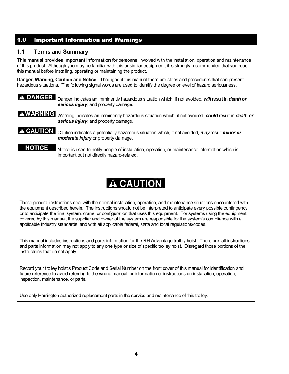 Caution | Harrington Hoists and Cranes RH - Advantage Wire Rope Hoist User Manual | Page 4 / 64