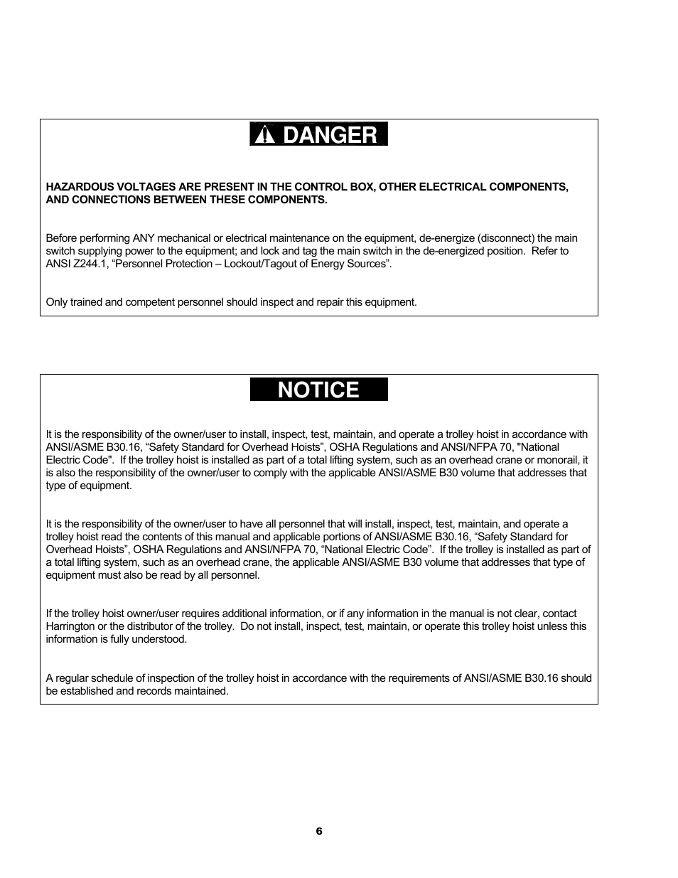 Danger, Notice | Harrington Hoists and Cranes RH - Advantage Wire Rope Hoist User Manual | Page 6 / 64