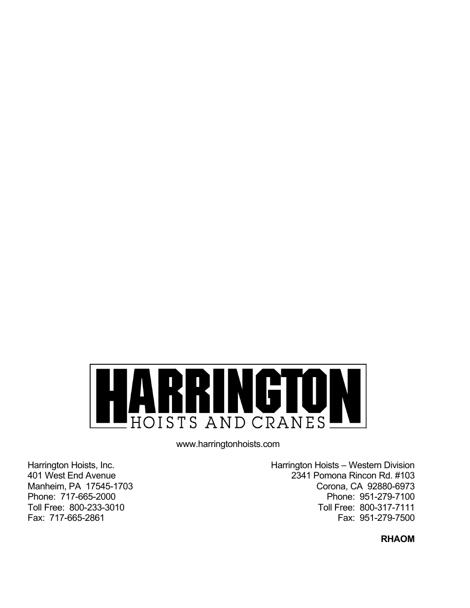 Harrington Hoists and Cranes RH - Advantage Wire Rope Hoist User Manual | Page 64 / 64