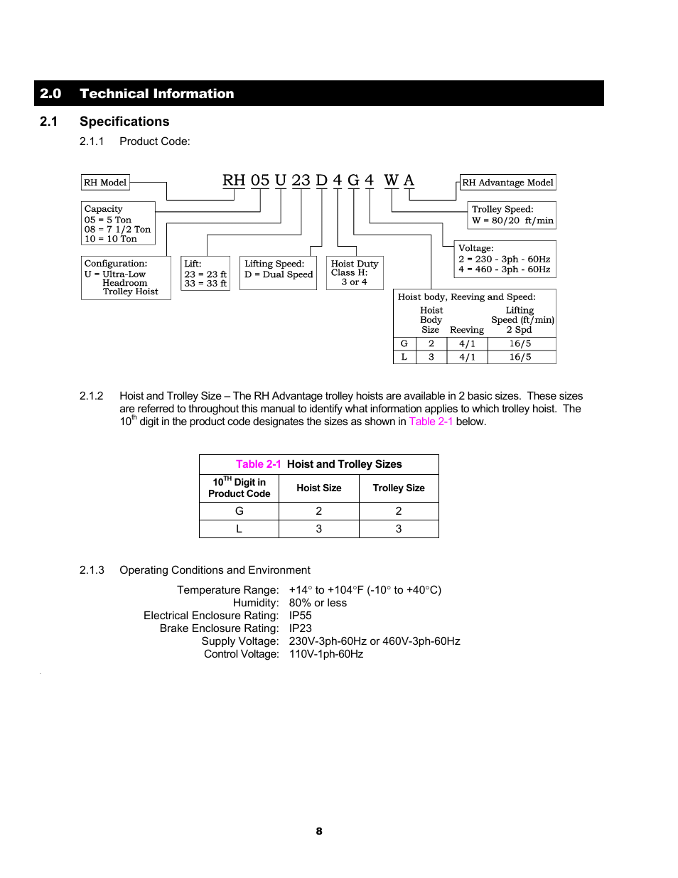 0 technical information 2.1 specifications | Harrington Hoists and Cranes RH - Advantage Wire Rope Hoist User Manual | Page 8 / 64