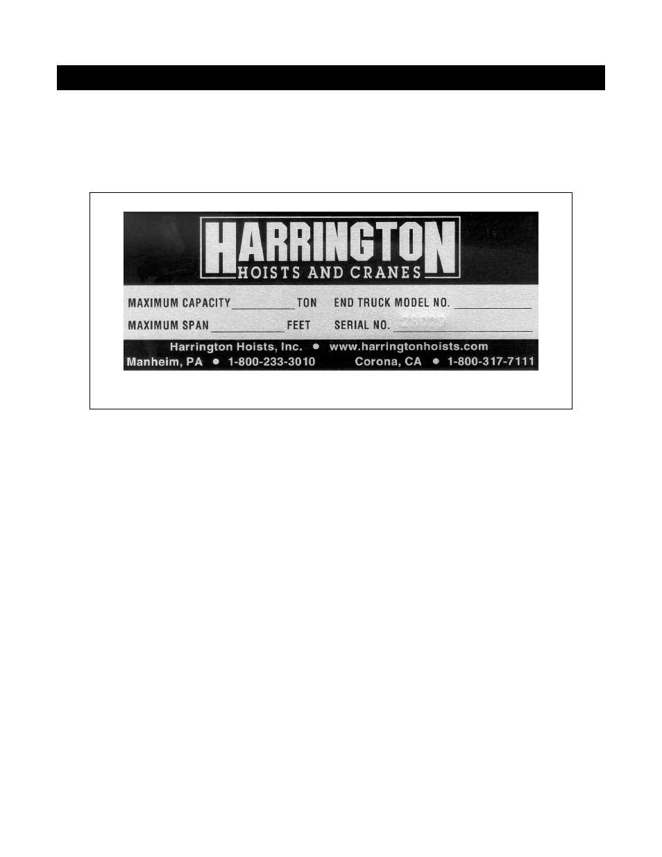 0 replacement parts guide, Figure 9-1 end truck nameplate | Harrington Hoists and Cranes Series 3 End Truck User Manual | Page 53 / 80