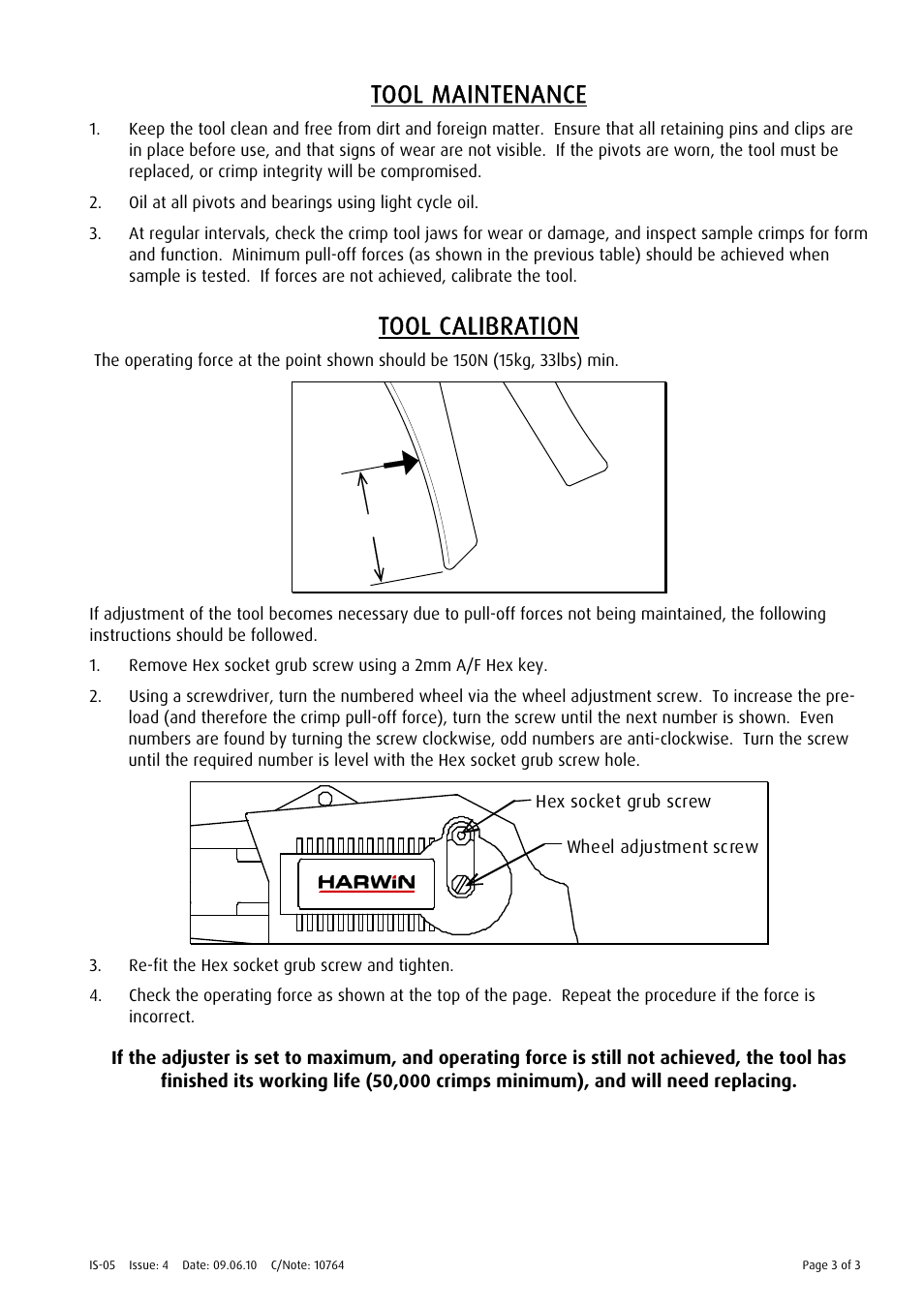 Tool maintenance, Tool calibration | Harwin Z22-020 User Manual | Page 3 / 3