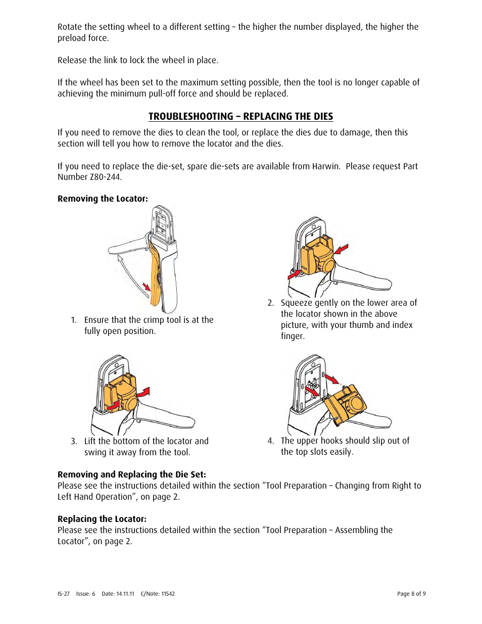 Troubleshooting – replacing the dies | Harwin Z80-255 User Manual | Page 8 / 9