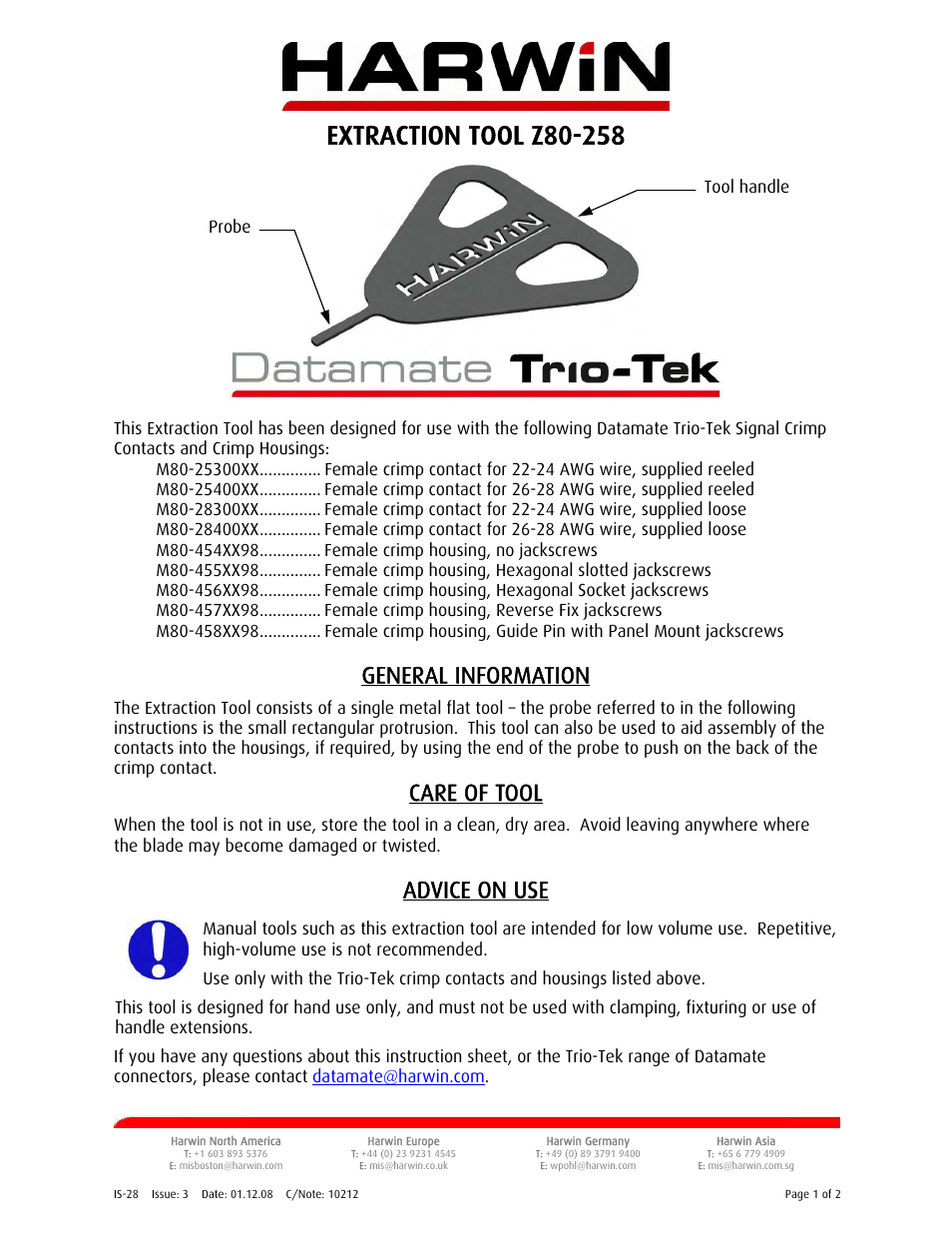 Harwin Z80-258 User Manual | 2 pages