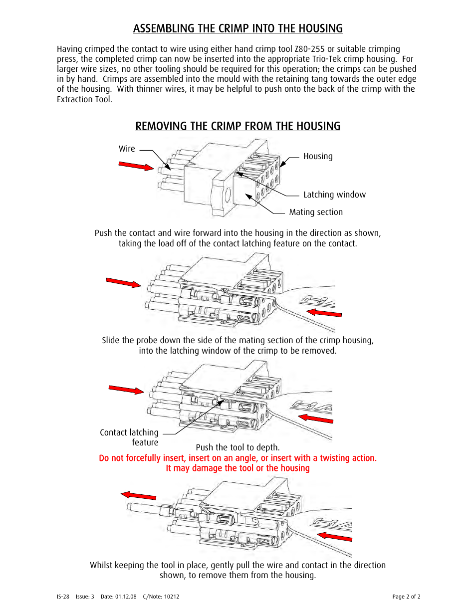 Assembling the crimp into the housing, Removing the crimp from the housing | Harwin Z80-258 User Manual | Page 2 / 2