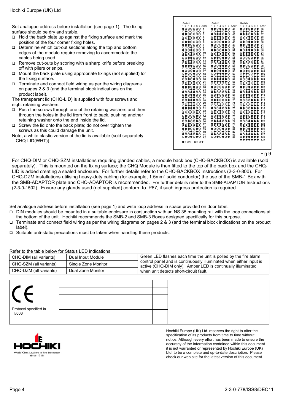Installation – "smart-fix" version, Installation with back box, Installation – din version | Status leds | Hochiki CHQ-SZM/M(SCI) User Manual | Page 4 / 4