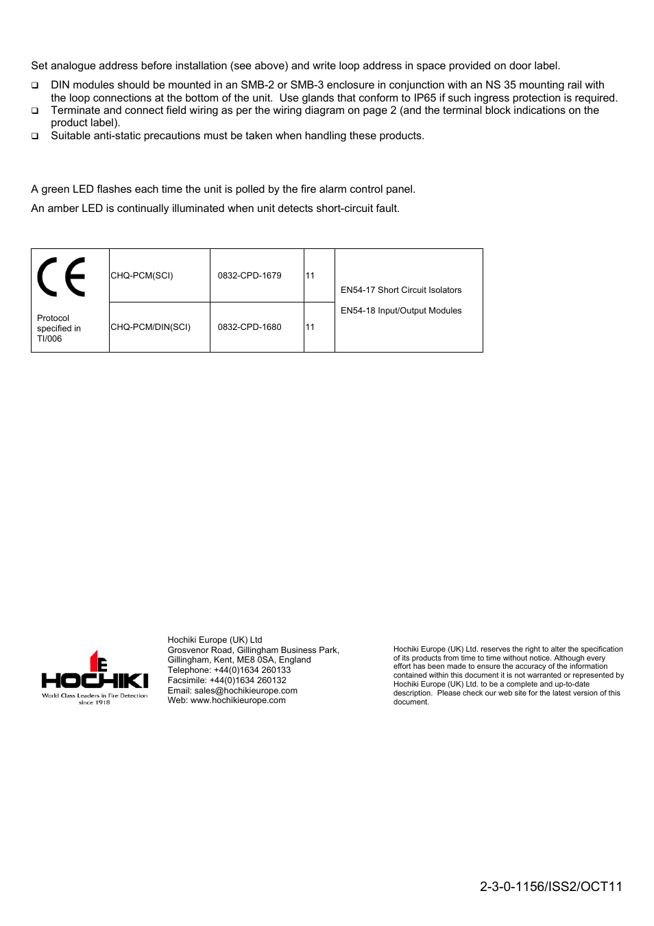 Status leds | Hochiki CHQ-PCM(SCI) User Manual | Page 4 / 4