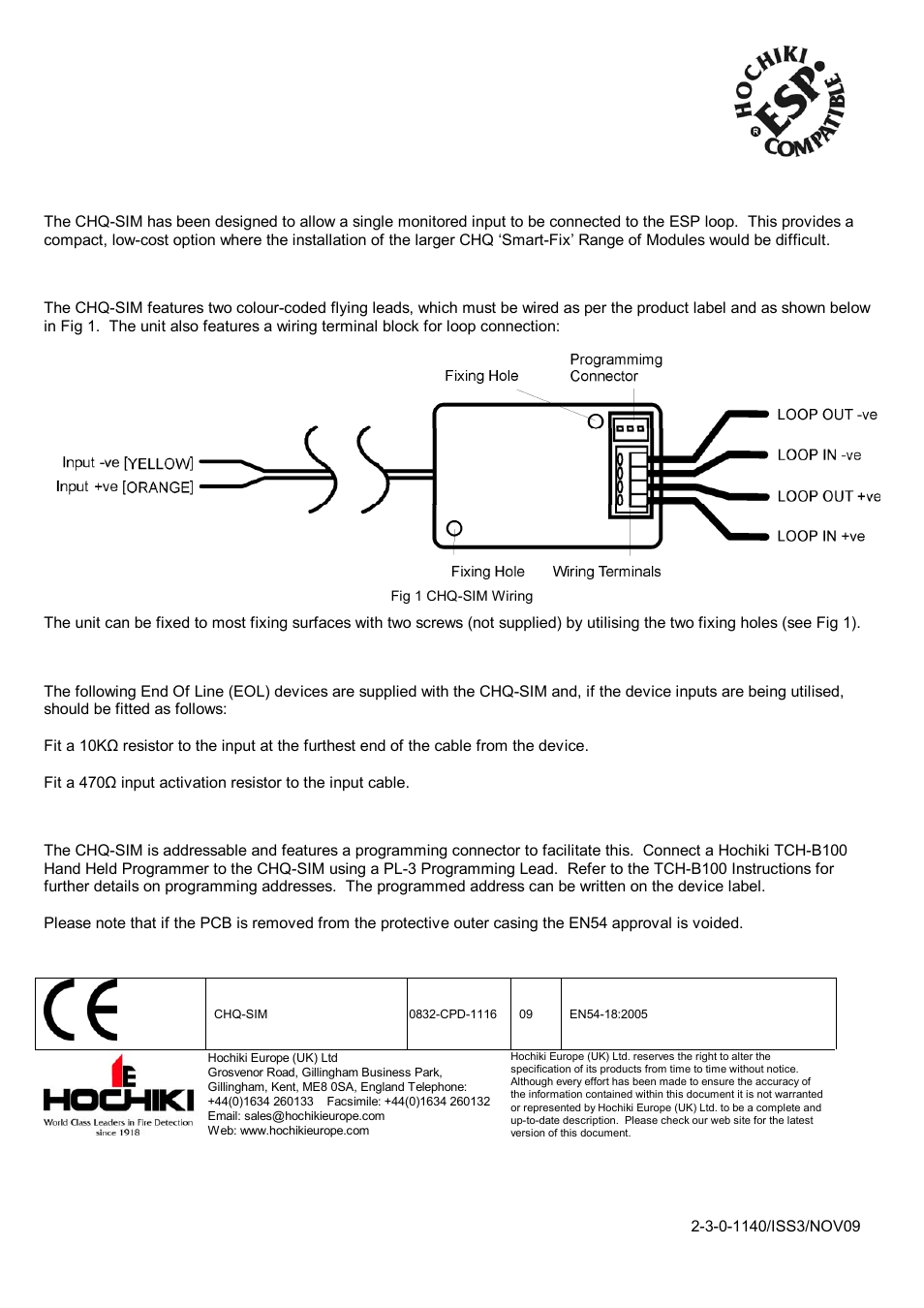 Hochiki CHQ-SIM User Manual | 1 page