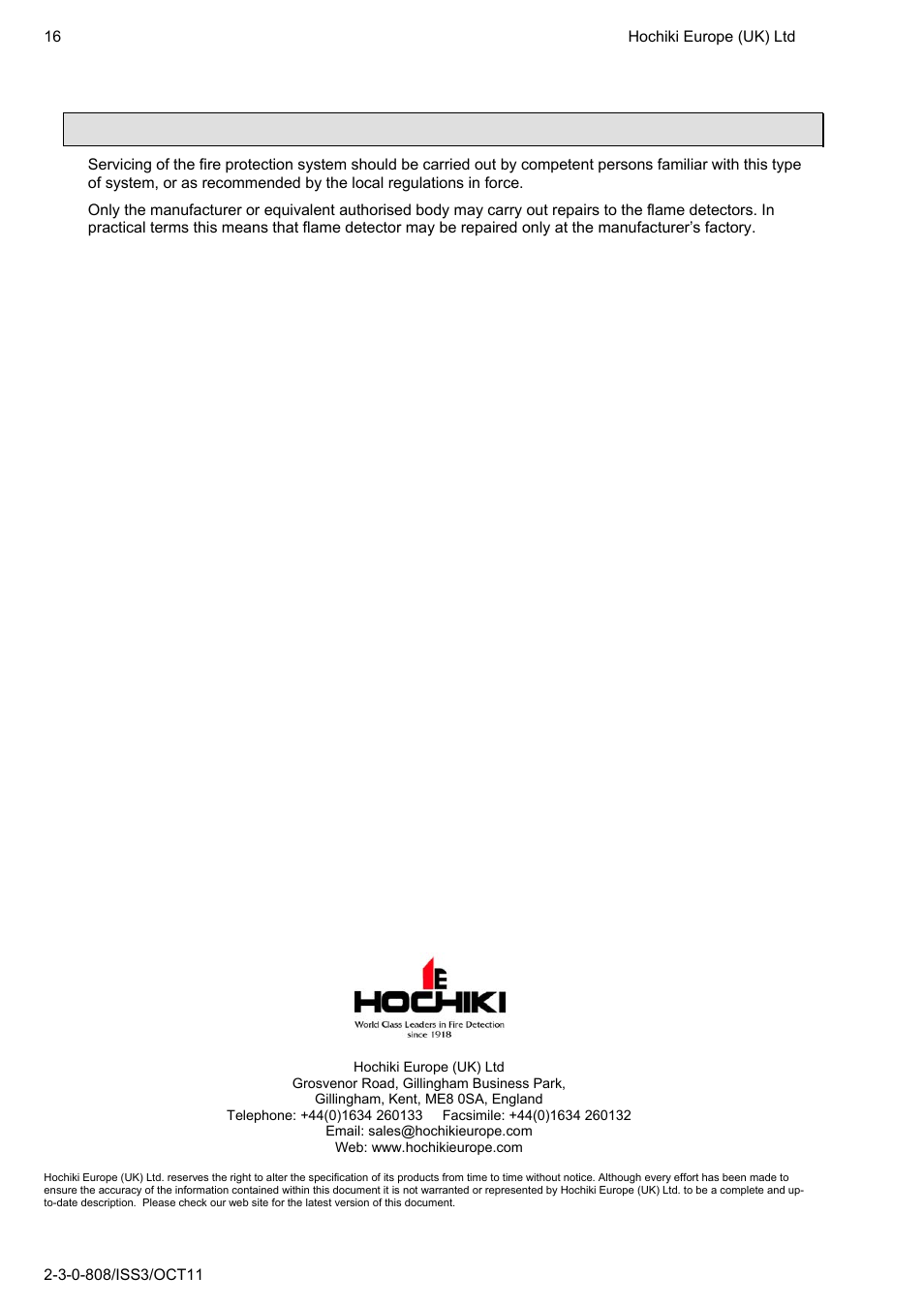 Service & repairs | Hochiki IFD-E User Manual | Page 16 / 16