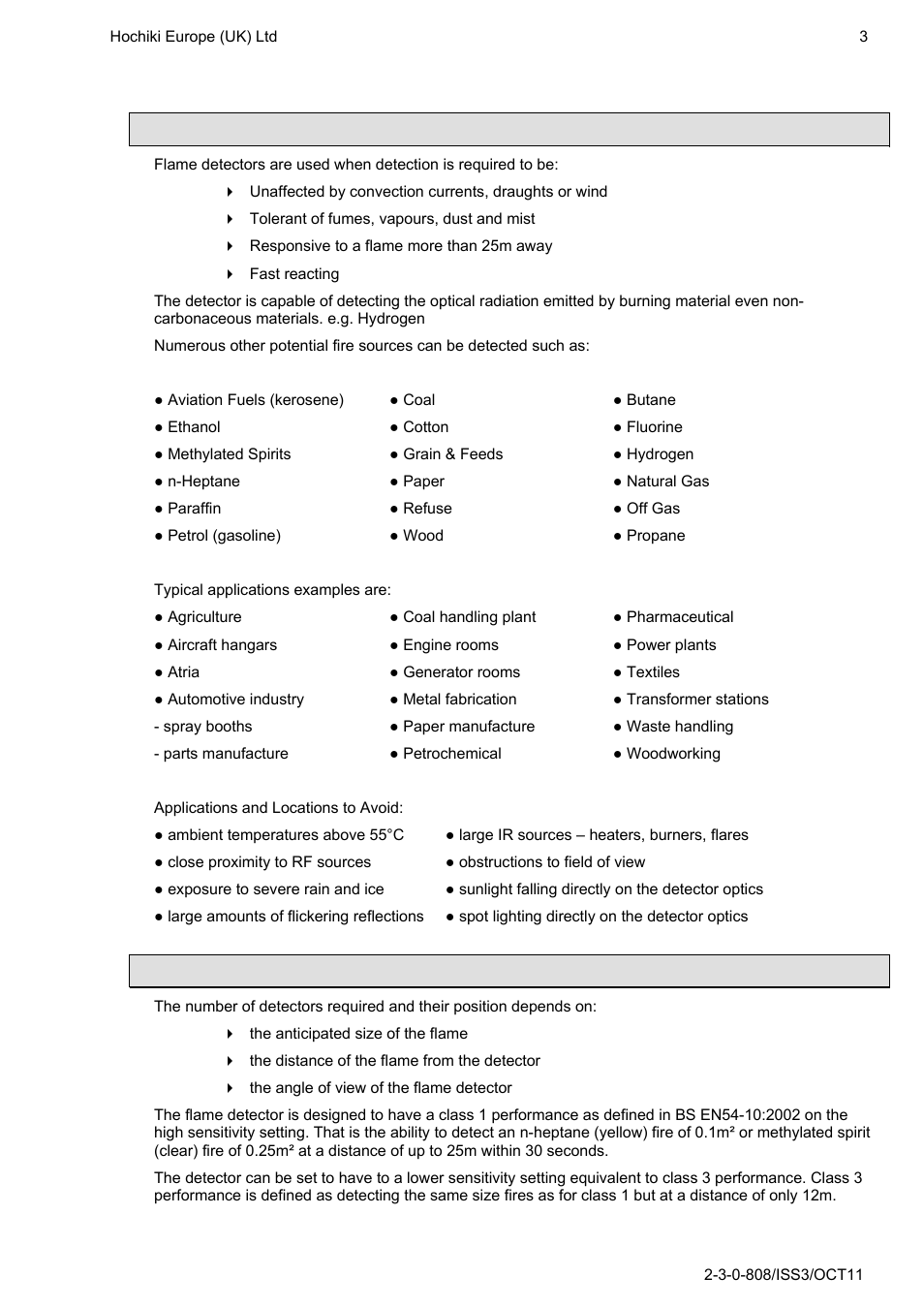 Application for flame detectors, Quantities required and positioning of detectors | Hochiki IFD-E User Manual | Page 3 / 16