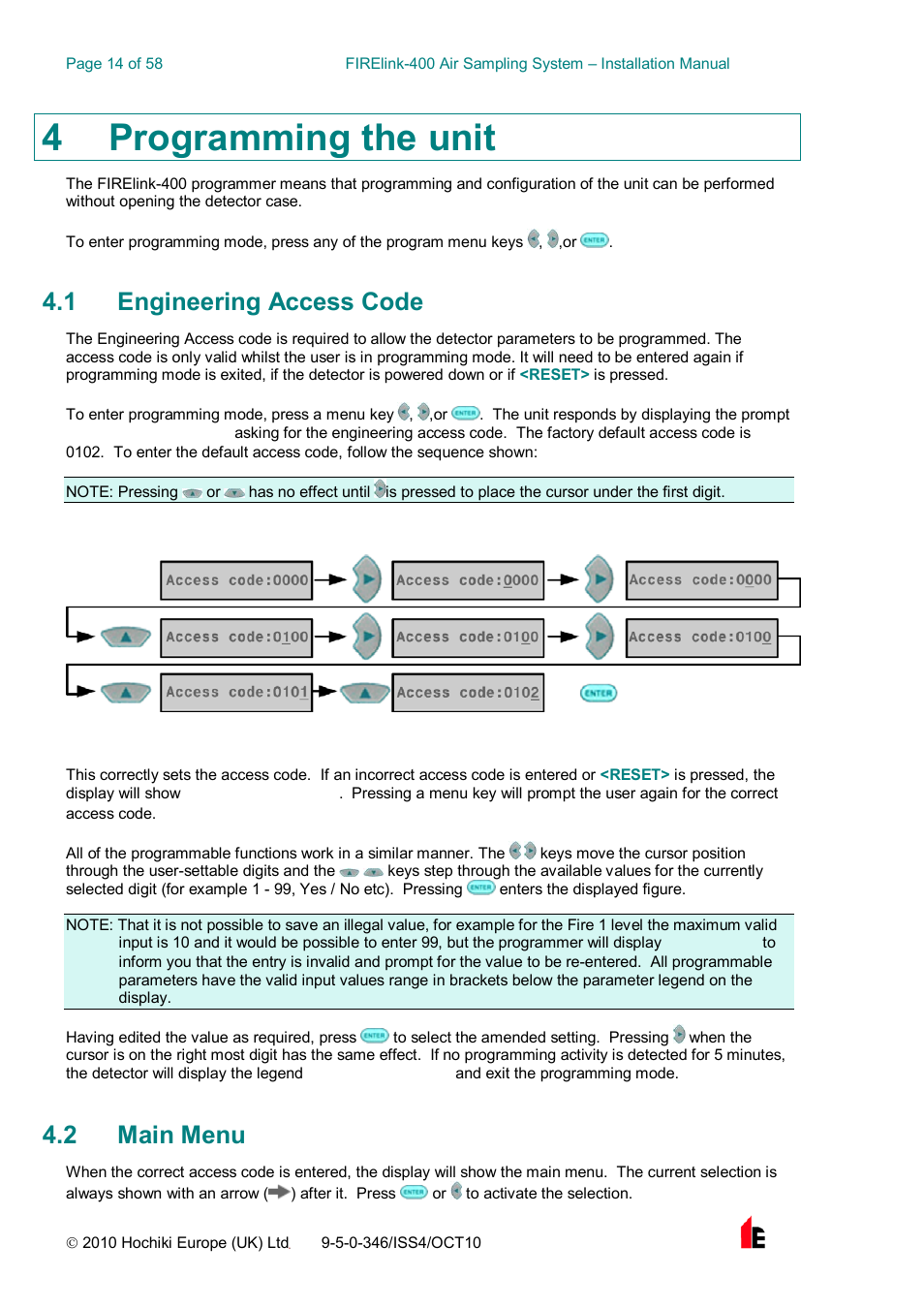 4 programming the unit, 1 engineering access code, 2 main menu | Hochiki FIRElink-400CM User Manual | Page 14 / 58