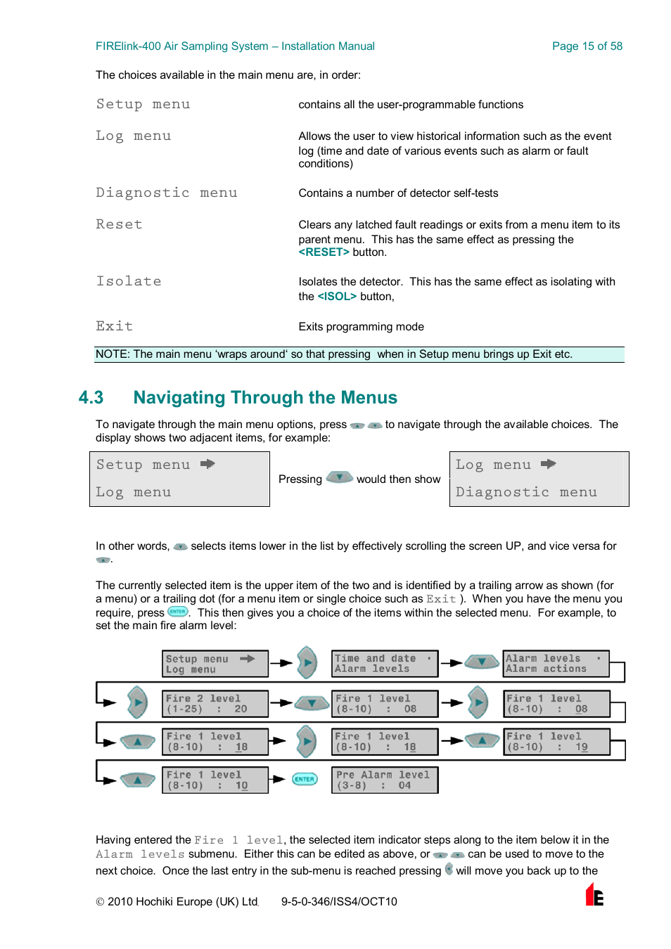 3 navigating through the menus, Setup menu, Log menu | Diagnostic menu, Reset, Isolate, Exit, Setup menu log menu log menu | Hochiki FIRElink-400CM User Manual | Page 15 / 58