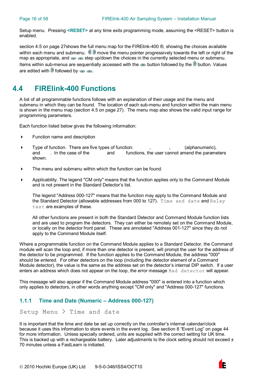4 firelink-400 functions, Setup menu > time and date | Hochiki FIRElink-400CM User Manual | Page 16 / 58