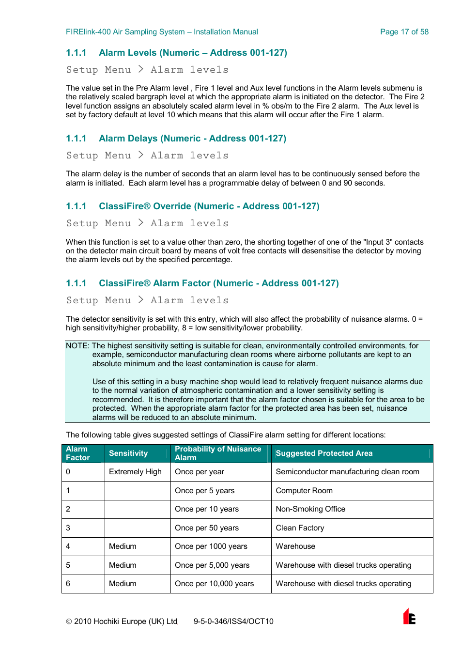 Setup menu > alarm levels | Hochiki FIRElink-400CM User Manual | Page 17 / 58